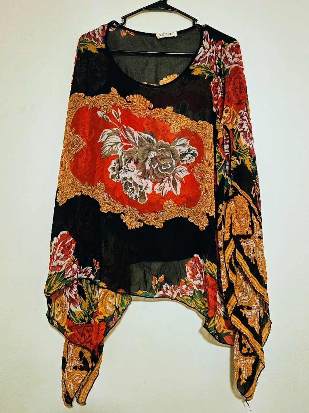 Kessley Sheer Floral Tunic Blouse Boho Poncho Top Black Red Gold Lightweight